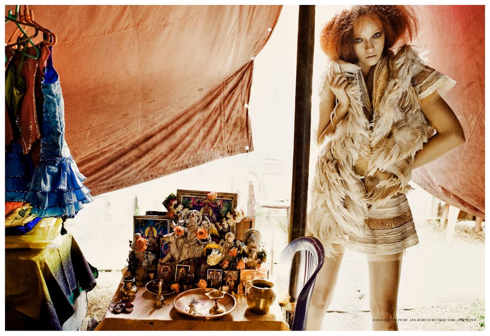 A series of connected photos showing draped fabric and artistic details in warm earth tones.