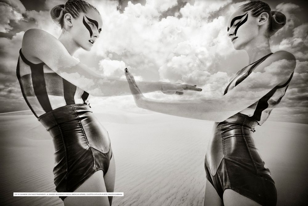 Black and white artistic fashion photos of models in swimwear posing against dramatic cloudy sky.