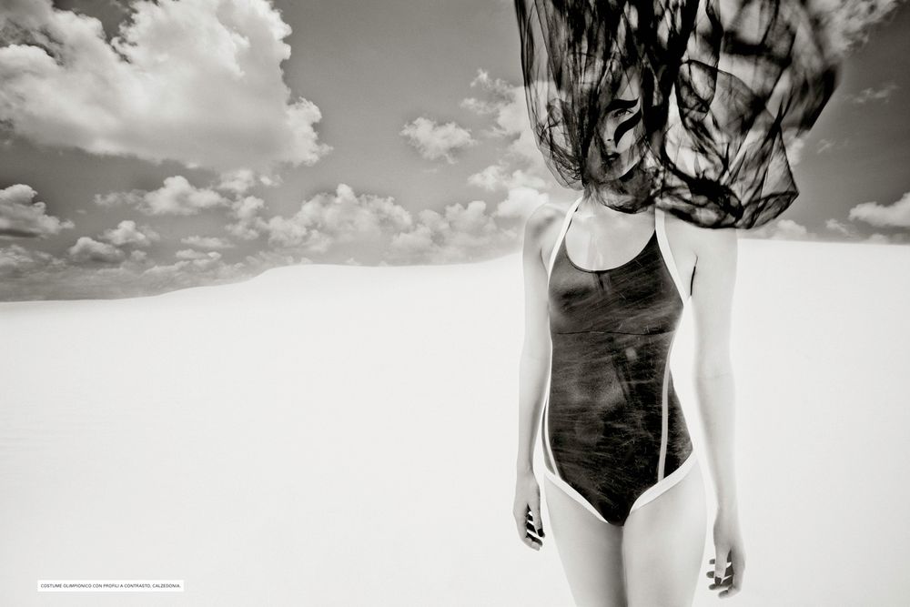 A black and white fashion photo collage showing various cropped poses and angles of a model in swimwear.