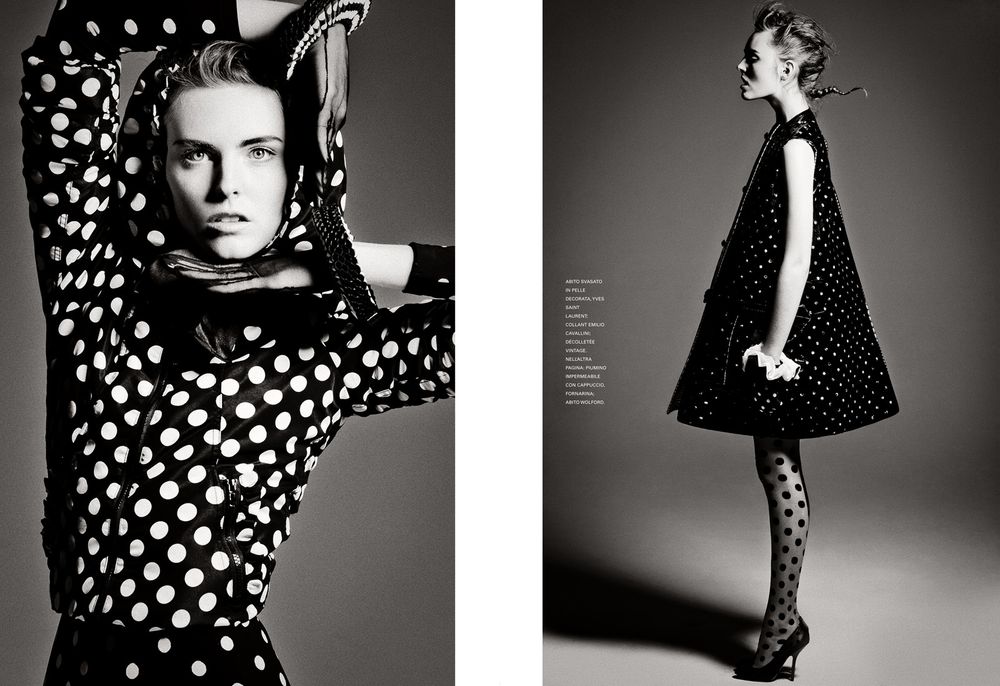 Black and white fashion series featuring a polka dot dress against dramatic studio lighting and shadows.