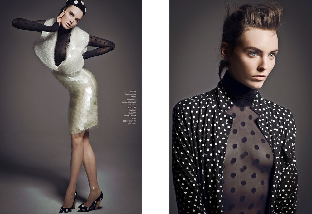 Fashion editorial series showing model in polka dot outfits against dark studio backdrop.