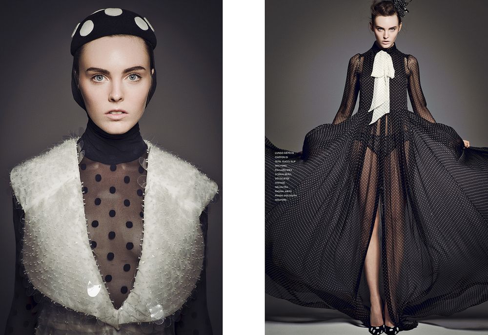 A fashion editorial spread showing dark dramatic outfits with white fur collars and polka dot details against a moody backdrop.