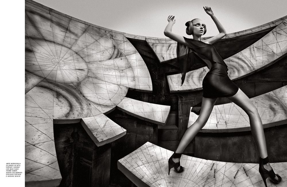 A dramatic black and white photo sequence showing a dancer performing dynamic movements against a geometric backdrop.