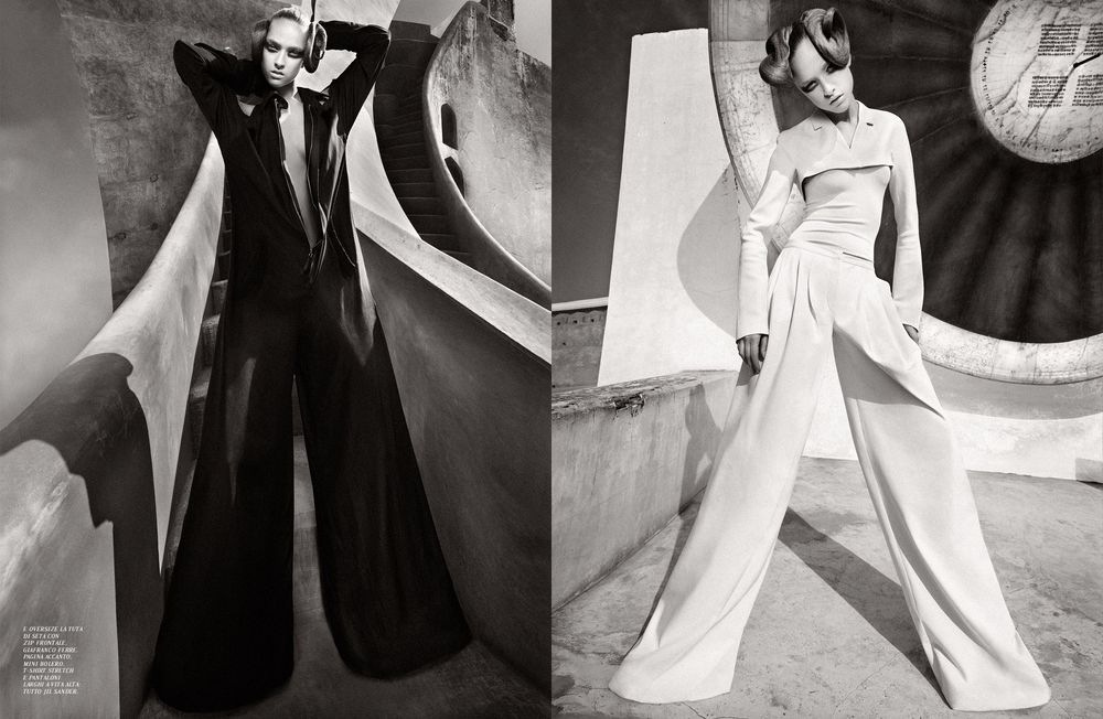 Two vintage fashion photos showing dramatic wide-leg jumpsuits with flowing fabric in contrasting black and white styles.