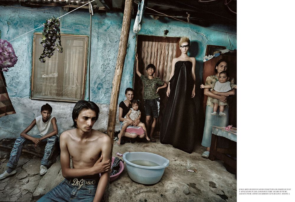 A series of gritty documentary-style photographs showing life in cramped urban living conditions with teal walls.