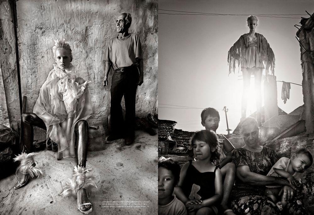 A series of black and white photographs showing people in various poses against a textured wall background.