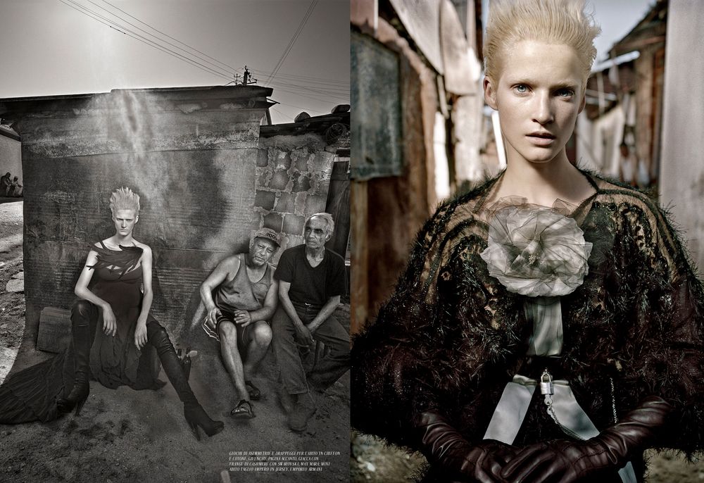 Fashion editorial combining gritty urban setting with high-end gothic-inspired clothing and styling.