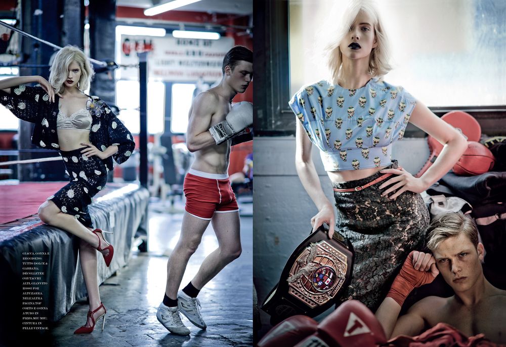 Fashion editorial spread showing models in casual outfits against urban backgrounds.