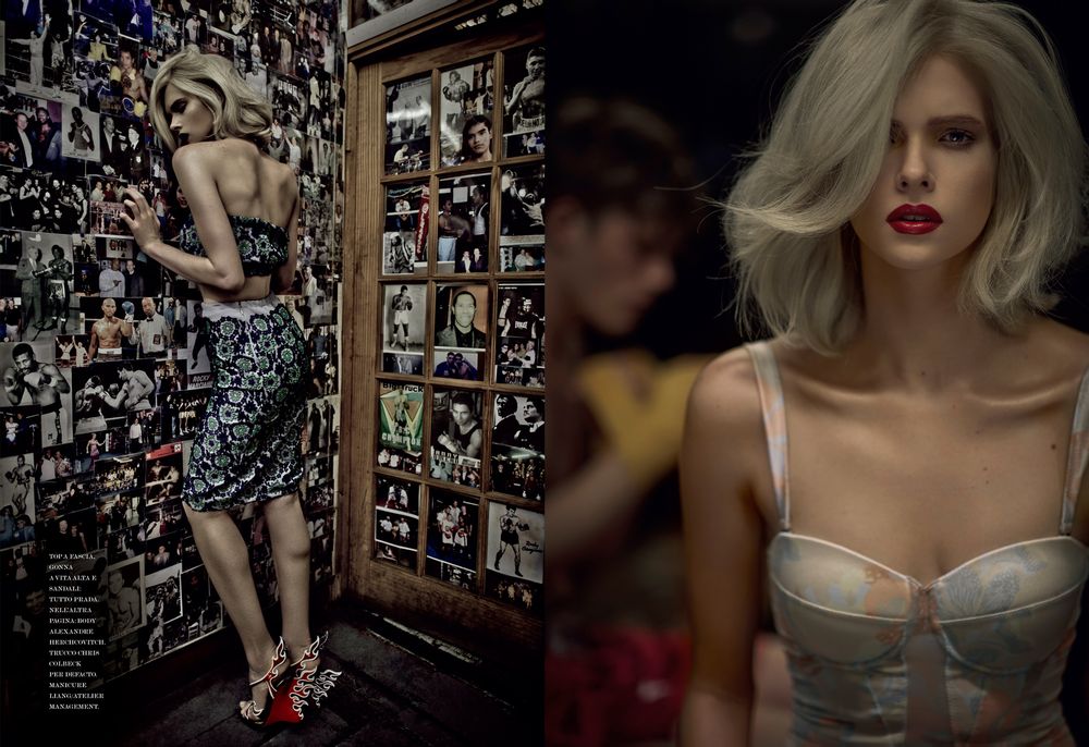 Fashion editorial spread featuring glamorous evening wear and metallic styling elements.