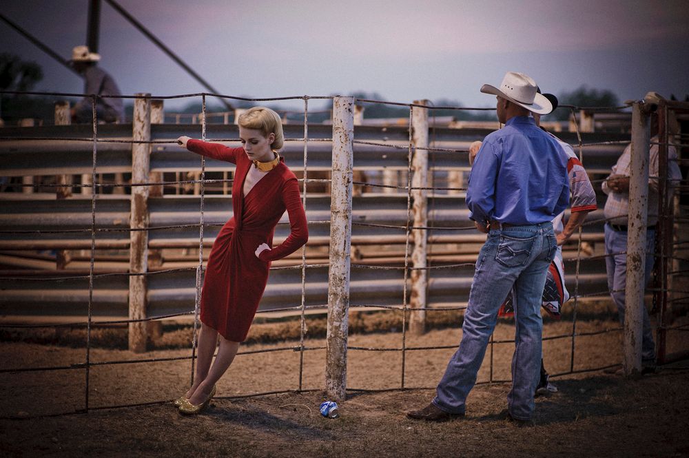Sequence of rodeo action shots showing calf roping and wrestling techniques in a wooden arena at dusk.