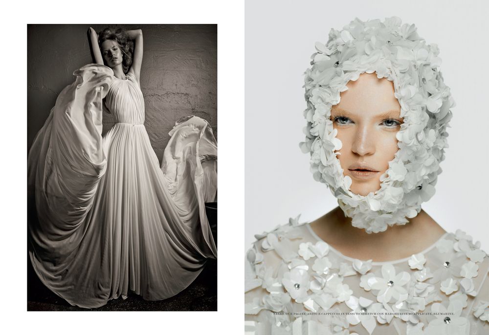 Artistic diptych contrasting a classical dance photo with an avant-garde portrait featuring floral elements.