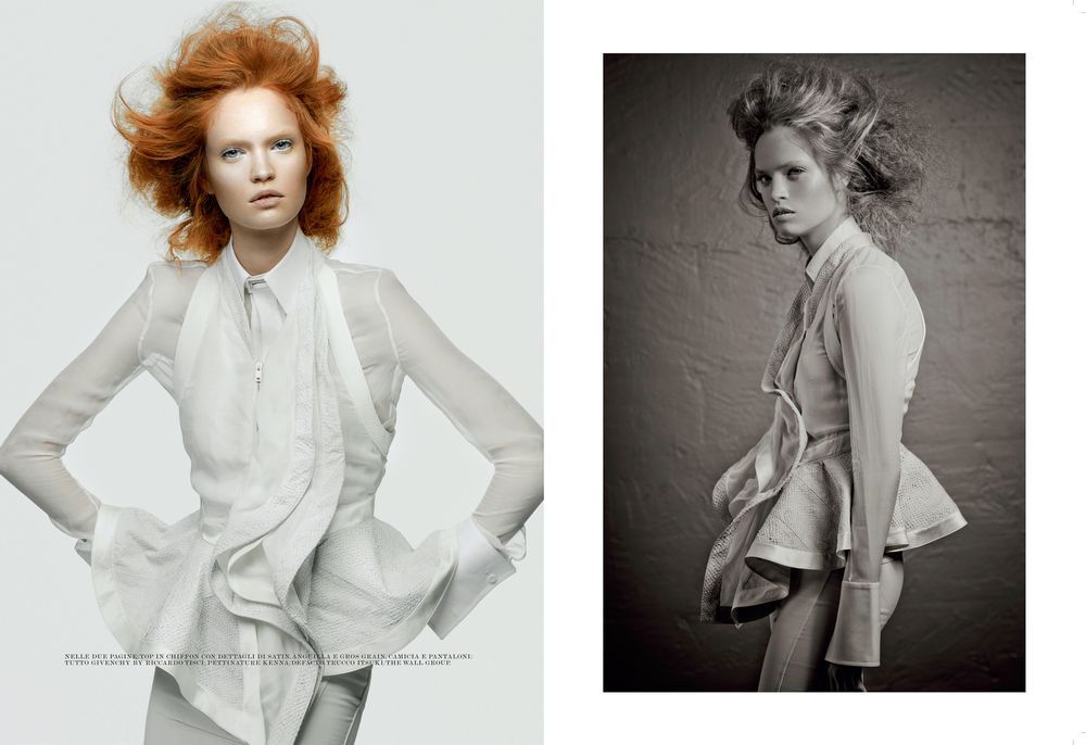 Fashion editorial series featuring white ruffled blouses and dramatic red hair styling against neutral backgrounds.