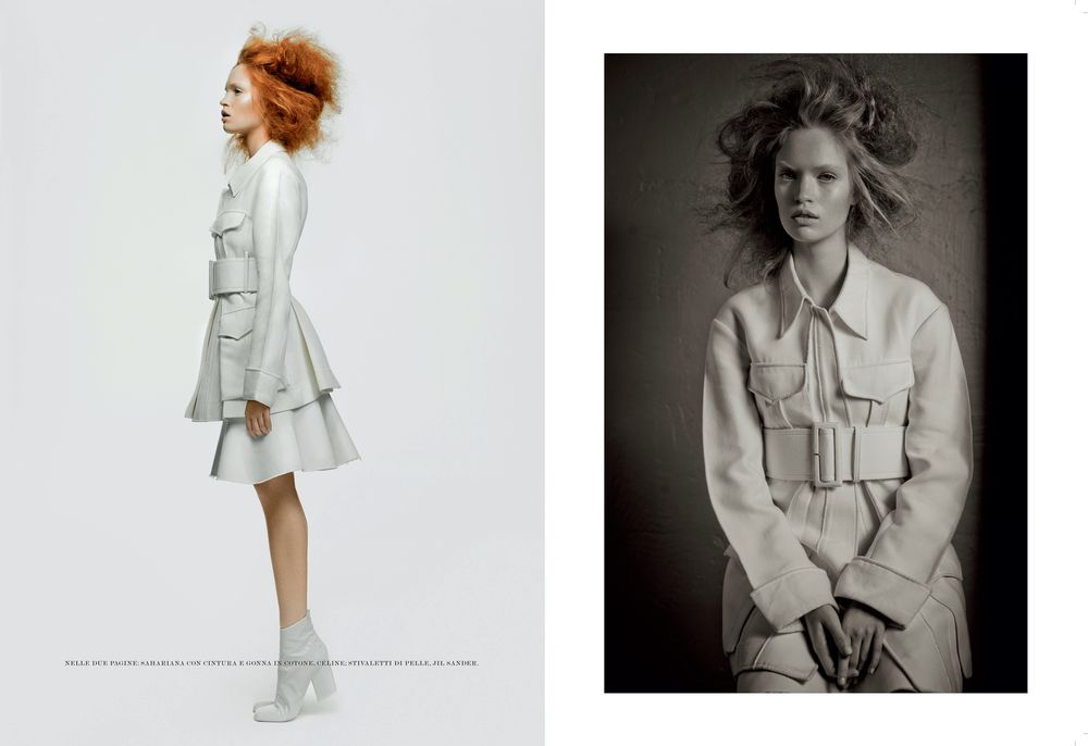Artistic fashion portraits showcasing white Victorian-inspired clothing and voluminous ginger hair.