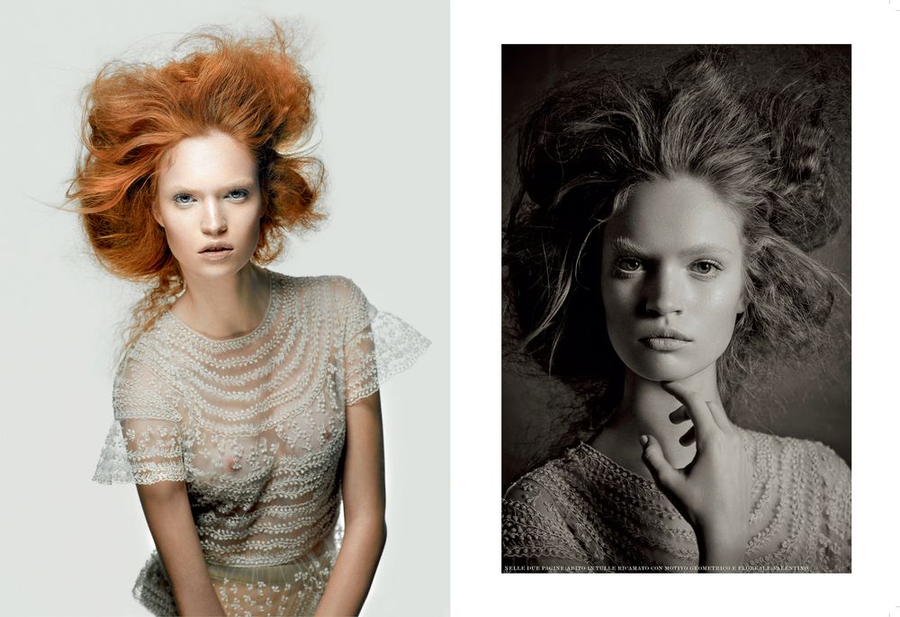 A collection of artistic portraits featuring red-haired subjects in various poses and styles against neutral backgrounds.