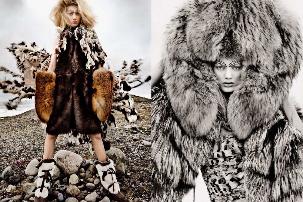 A fashion editorial series featuring luxurious gray fur coats and boots in a dramatic outdoor setting against rocks and stones.