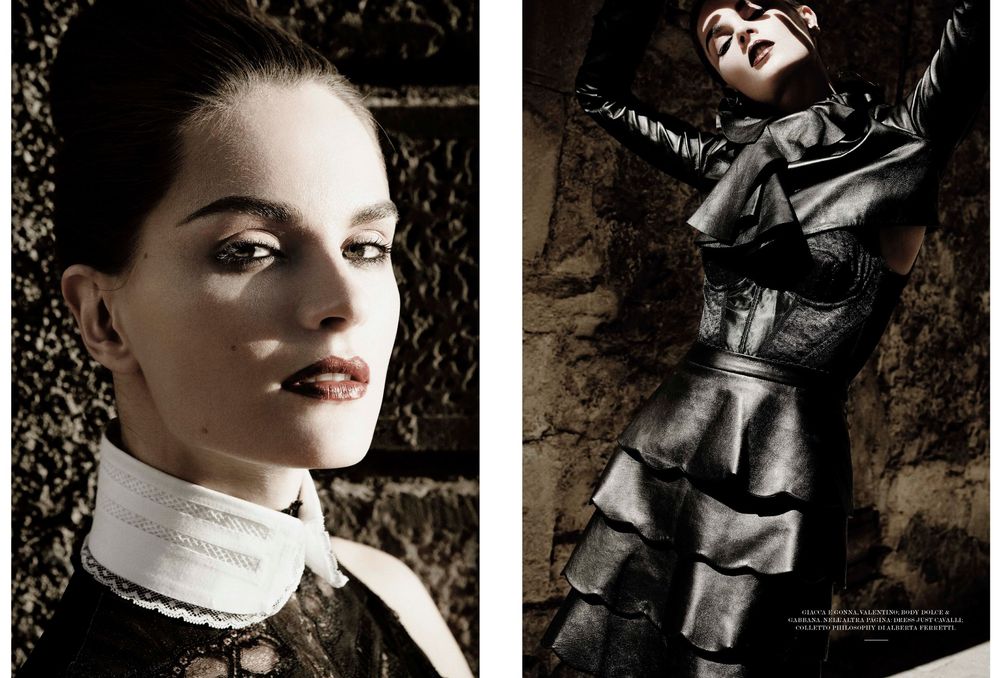 Dramatic black and white fashion editorial series featuring moody lighting and artistic poses against textured backgrounds.