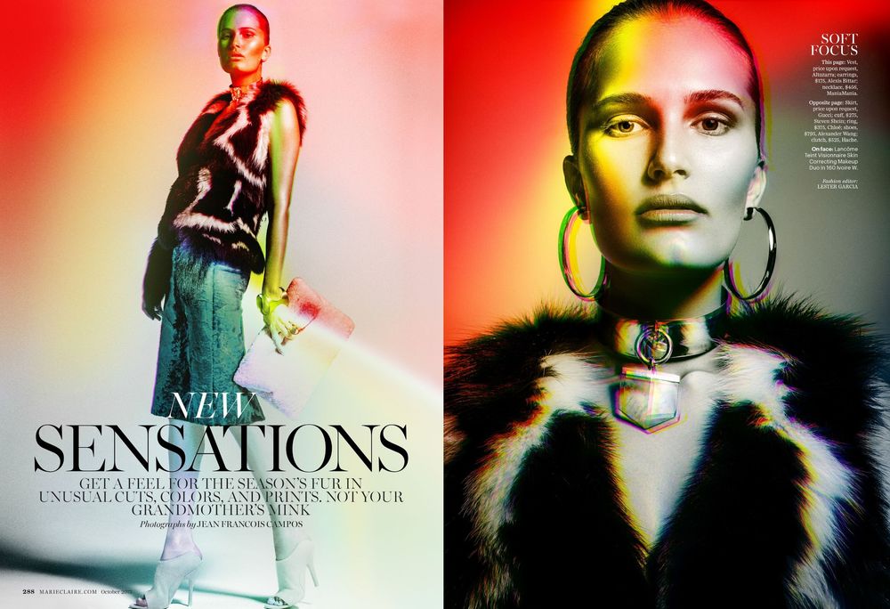 Fashion editorial spread featuring dramatic lighting with red and yellow gradient backgrounds and high-end styling.