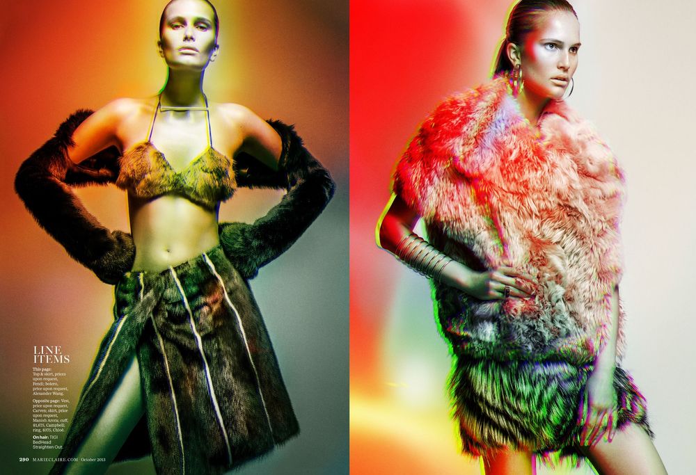 Colorful fashion editorial series with dramatic lighting featuring models in avant-garde styling and poses.