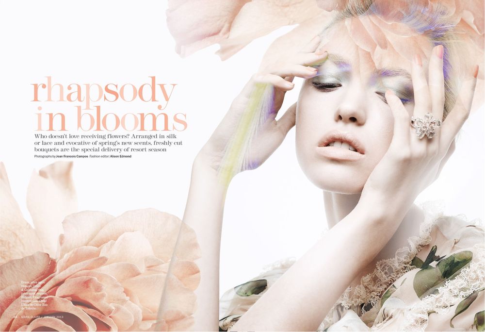 Ethereal beauty editorial series with soft pink tones showing delicate makeup and pale skin textures.