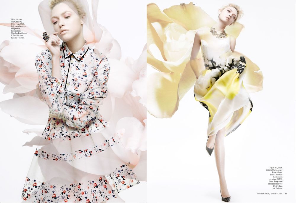 A dreamy fashion editorial spread featuring soft pink and yellow tones with floral elements and ethereal styling.