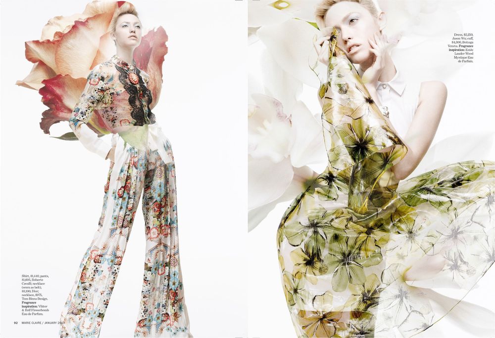 Fashion editorial featuring ethereal floral-printed garments in soft peach and sage green tones with artistic overlay effects.