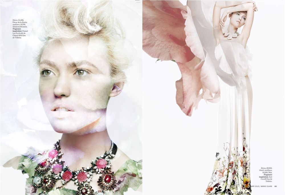 Ethereal fashion editorial featuring delicate floral arrangements and soft pastel tones against white backgrounds.