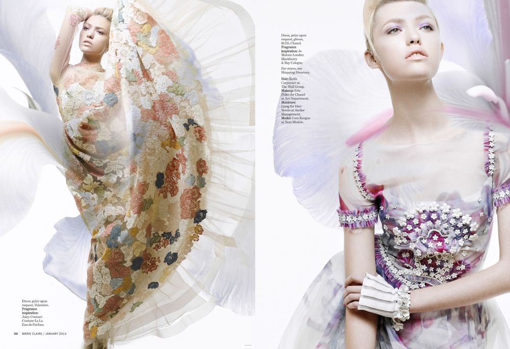 Fashion editorial spread featuring ethereal double exposure with abstract textures and delicate floral patterned dress.