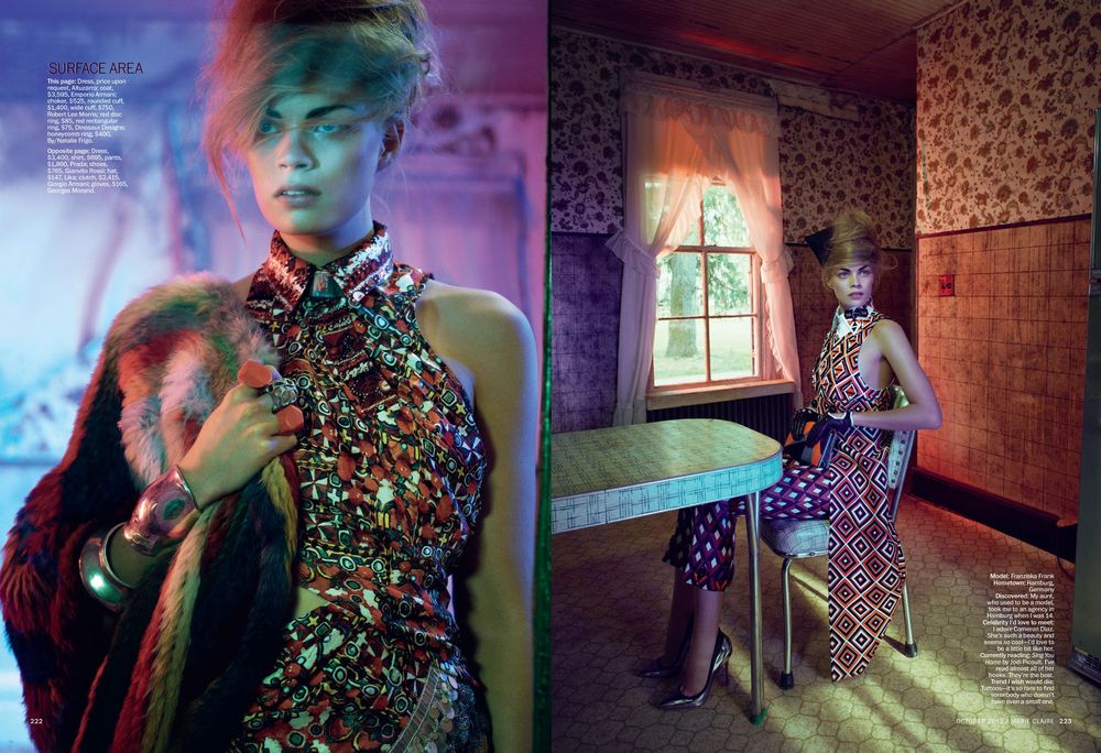 A moody photo series with colorful lighting shows figures in dark interiors with neon pink and green accents.