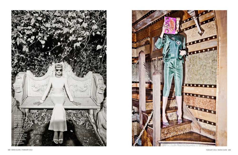 A vintage photo sequence showing a person in light-colored clothing jumping and floating in a garden setting.