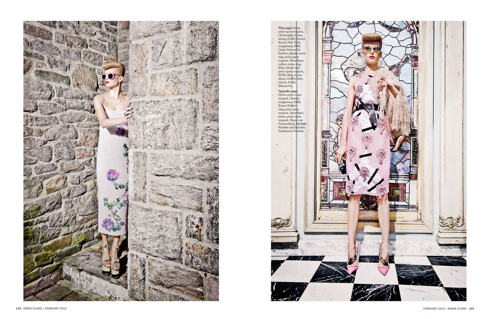 A model in a pink floral dress poses against a rustic stone wall in multiple fashion photography shots.
