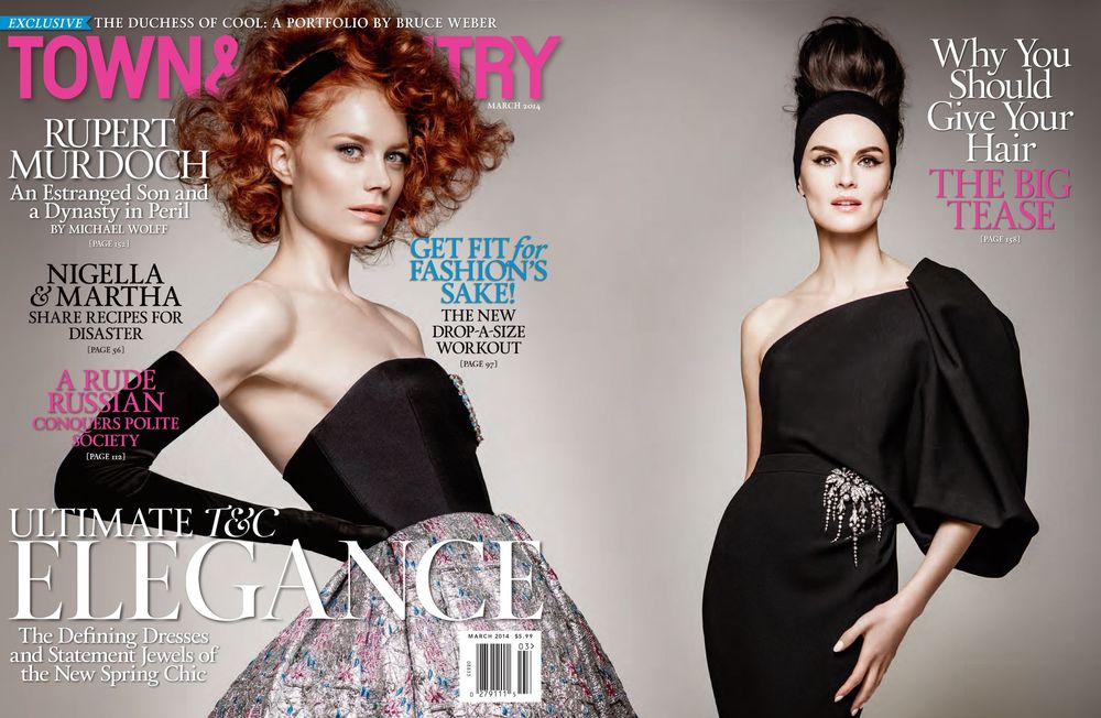 A collection of fashion magazine covers arranged in a horizontal row showing glamorous editorial photos and headlines.