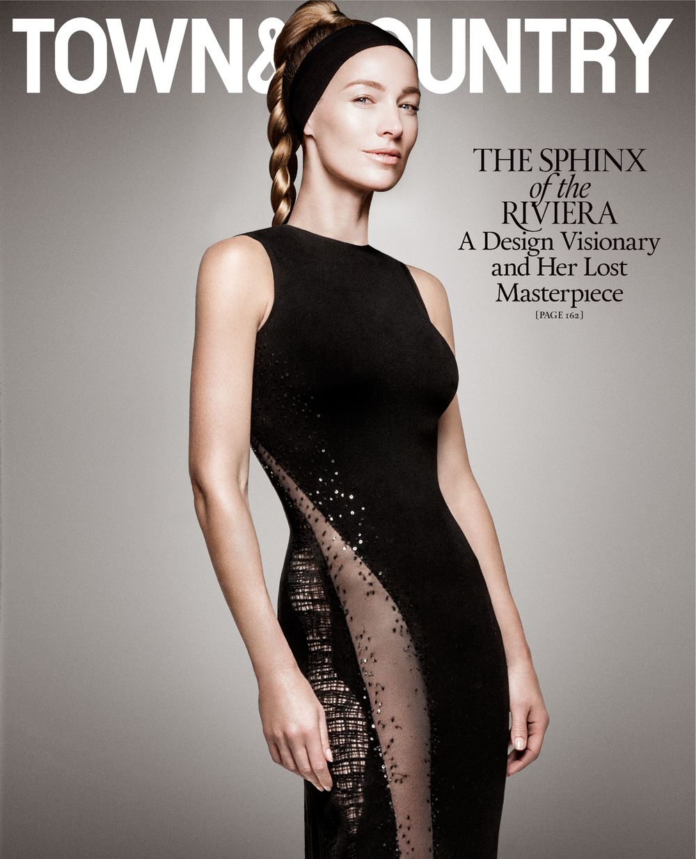 A series of black and white magazine covers showing a sleek black evening gown with sheer side panels.