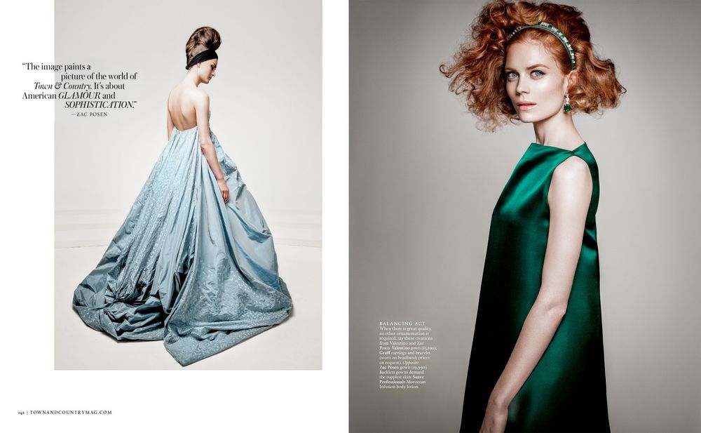 Fashion editorial series featuring ethereal blue gowns and emerald green dresses in dramatic studio lighting.