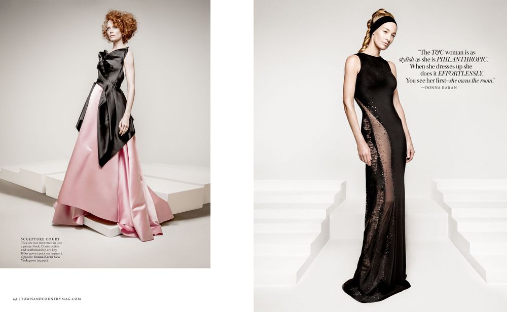 A collection of fashion photographs showing models in elegant evening gowns and dresses against light backgrounds.