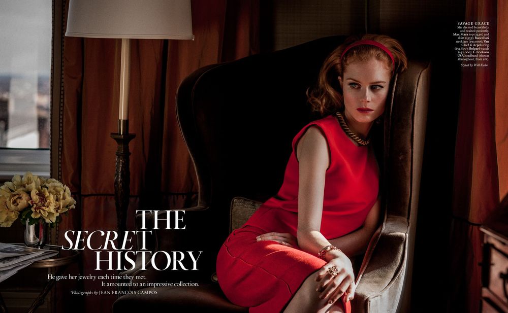 Fashion editorial spread featuring dramatic red clothing and moody lighting in a luxurious interior setting.