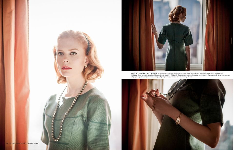 A sequence of photos showing a person in a green dress using a mobile phone near a window with orange curtains.