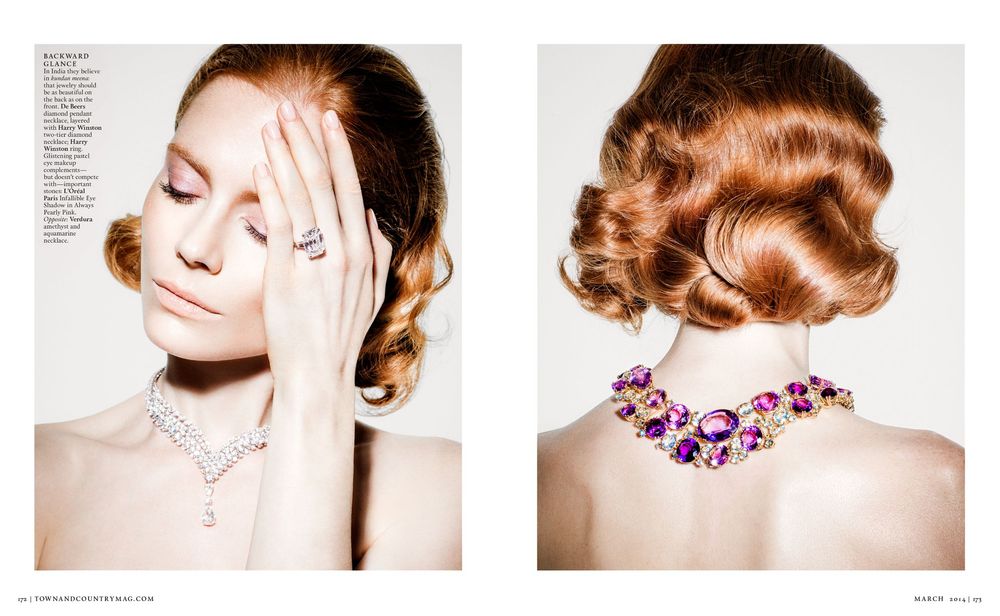 Two fashion portraits showing elegant hairstyling and a purple crystal necklace against pale skin.
