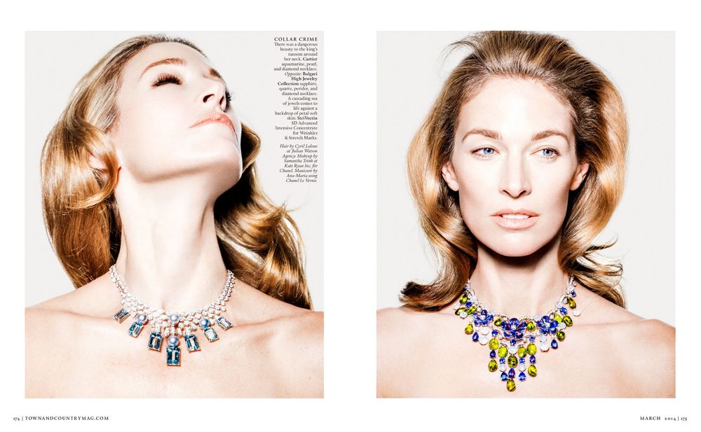 Fashion model poses in a series of glamorous beauty shots wearing statement necklaces against a light background.