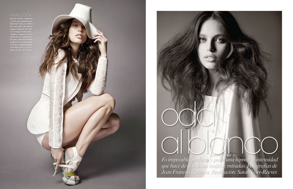 Fashion editorial spread featuring ethereal studio portraits in soft lighting with flowing white fabrics and dramatic poses.