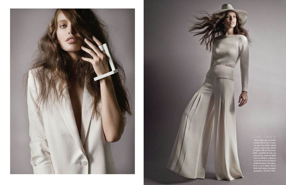Minimalist fashion photography series with models in white clothing against neutral grey studio backdrop.