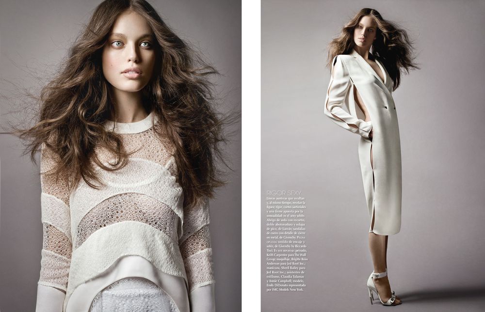 A fashion editorial series featuring a model in flowing white dresses and knitwear against a neutral studio backdrop.