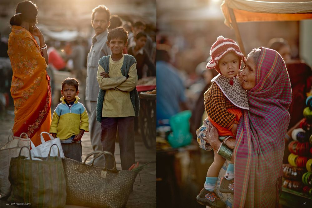 A series of candid street photos showing people in traditional clothing interacting in rural village settings.