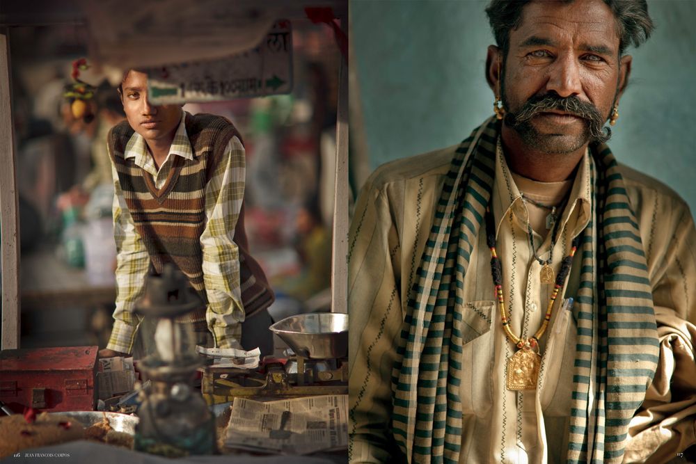 A portrait diptych showing traditional Indian street life and culture.