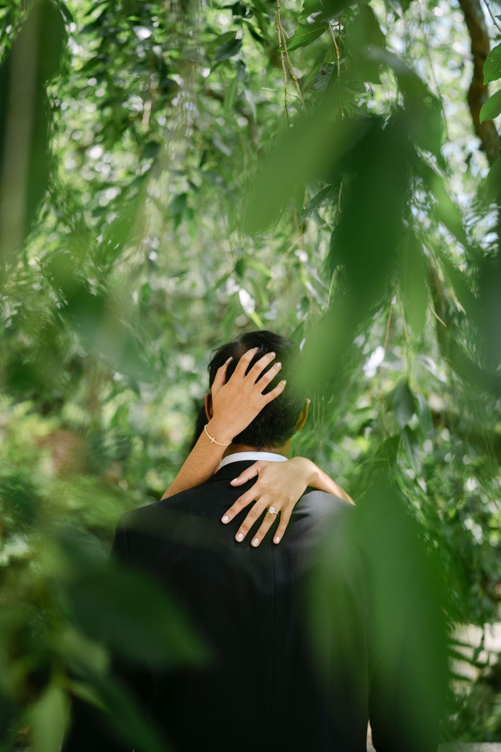 Hands reach through green foliage creating an artistic silhouette effect.