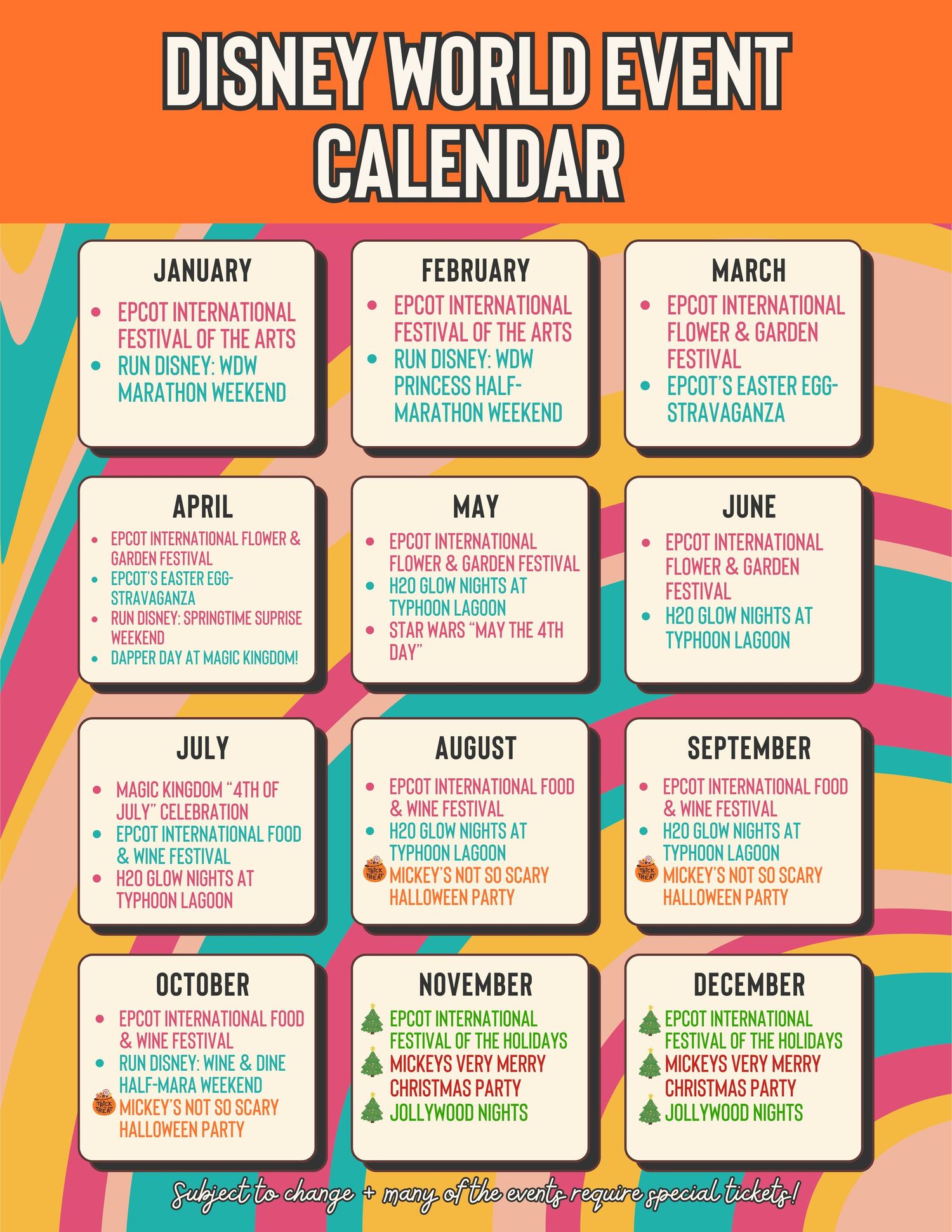 Disney World annual event calendar showing special activities and celebrations for each month of the year.