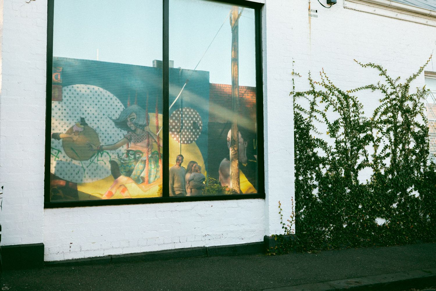 A series of windows in a white wall showing greenhouse plants and street art reflections in late afternoon sunlight in Richmond.