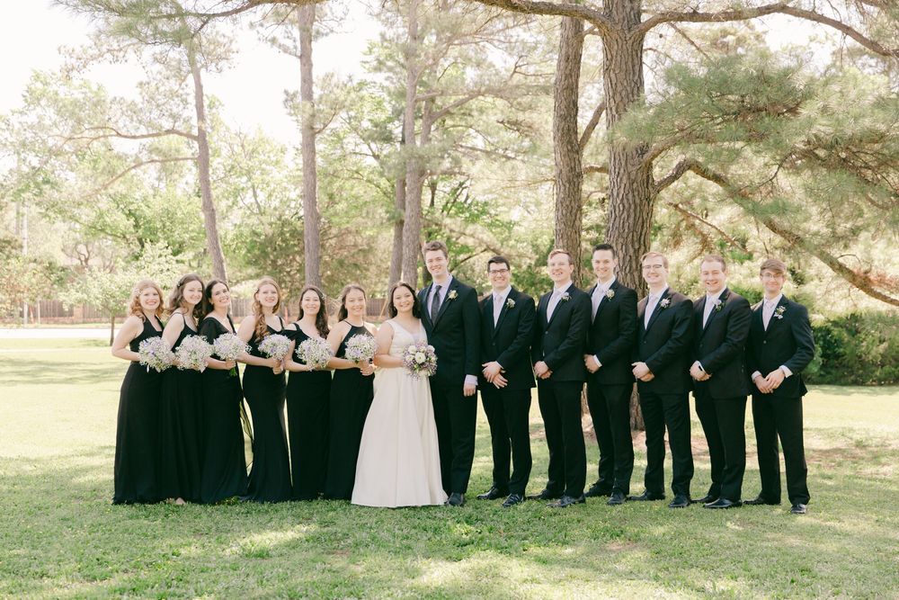 Formal wedding party photo with bridesmaids in black and groomsmen in dark suits.