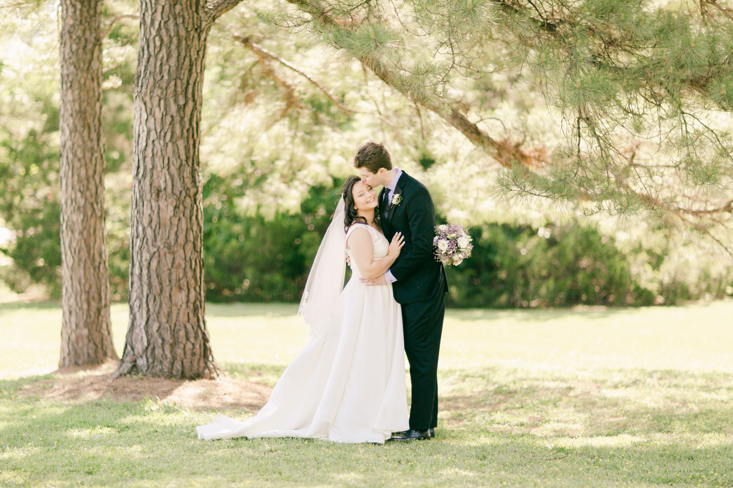 Romantic wedding couple embracing under tall pine trees in a sunlit garden setting.