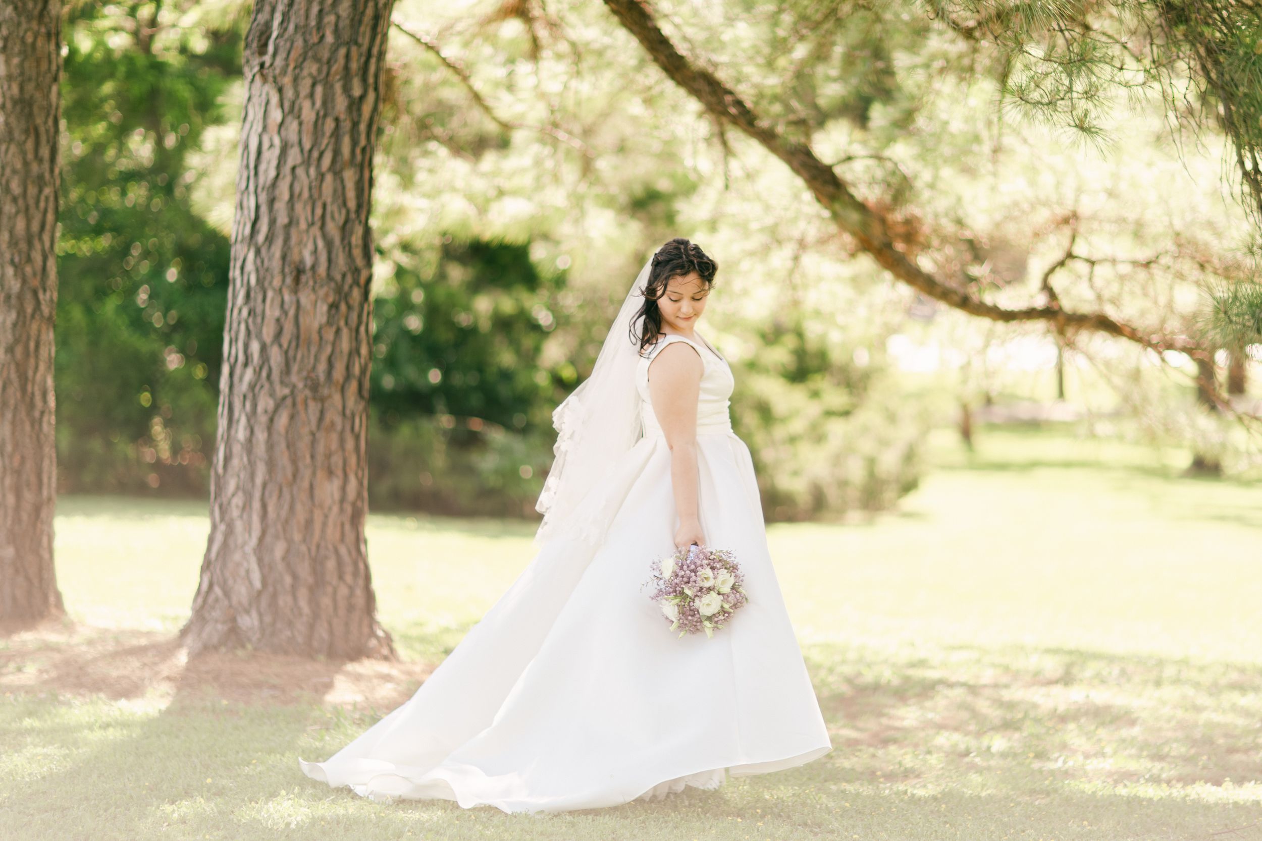 Elegant bridal portrait under tall pine trees in a natural outdoor setting.