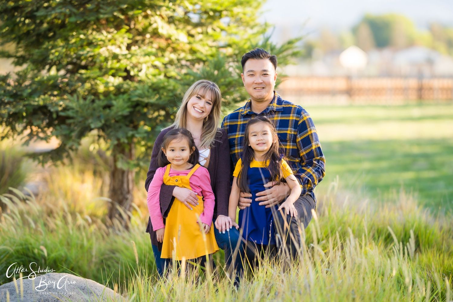 Happy family of four posing together in a grassy field during golden hour.
